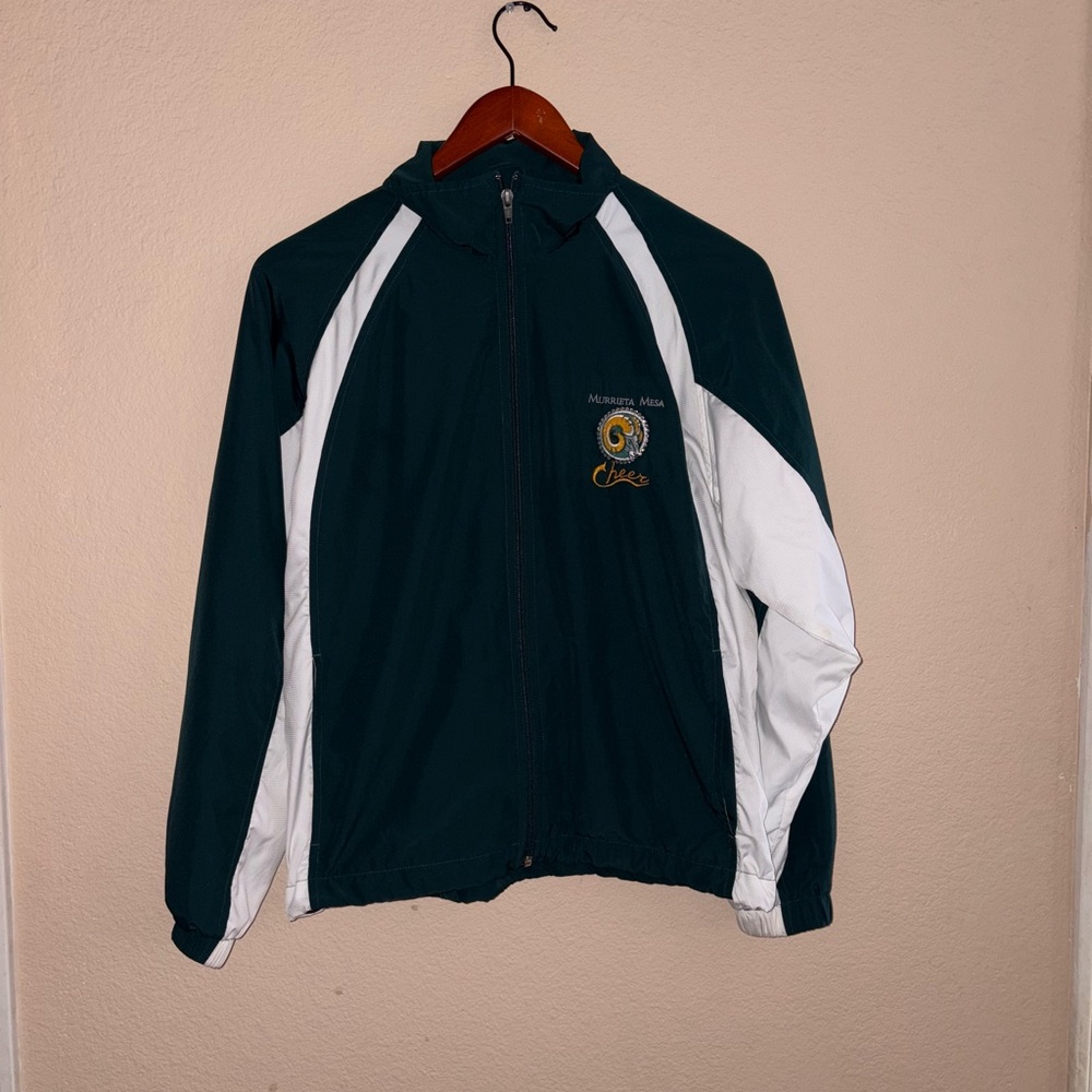 Green & white Murrieta Mesa cheerleading jacket nylon sporty wind breaker Sherpa